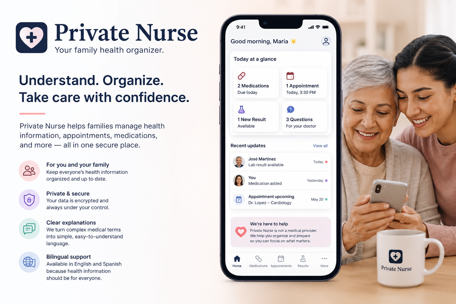 Private Nurse product concept showing a mobile dashboard for family health organization.